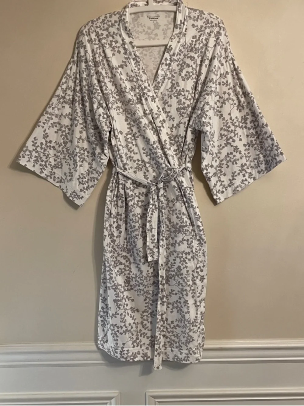 Garnet Hill Cream Robe with Gray Floral Print - Picture 2 of 6